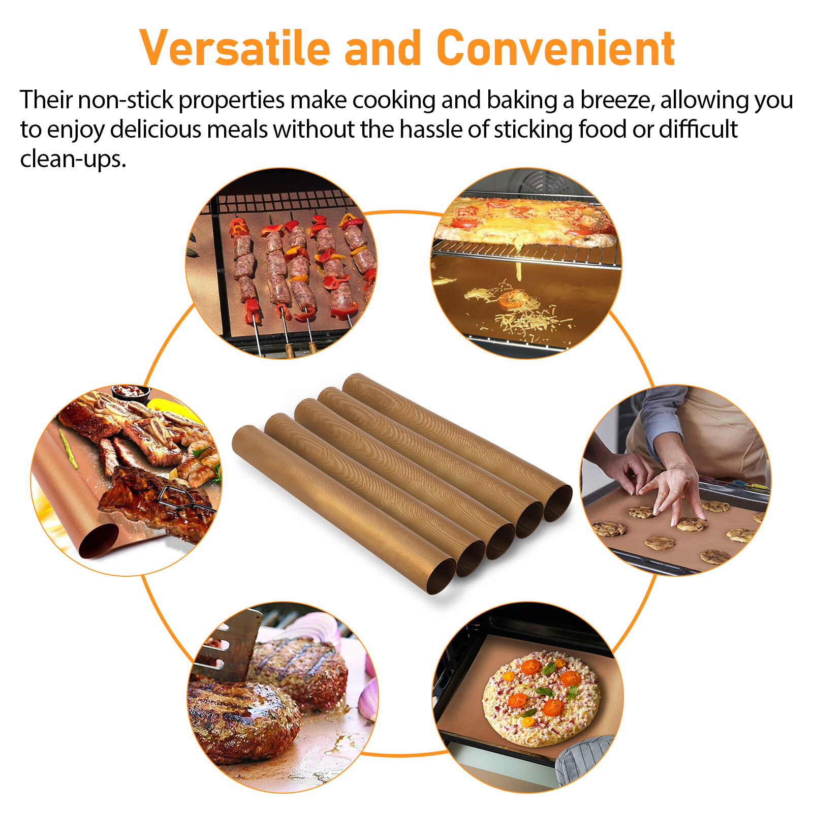 5pc Copper Grill Mats Baking Non-Stick BBQ Pad Reusable Cooking Oven Sheet Liner