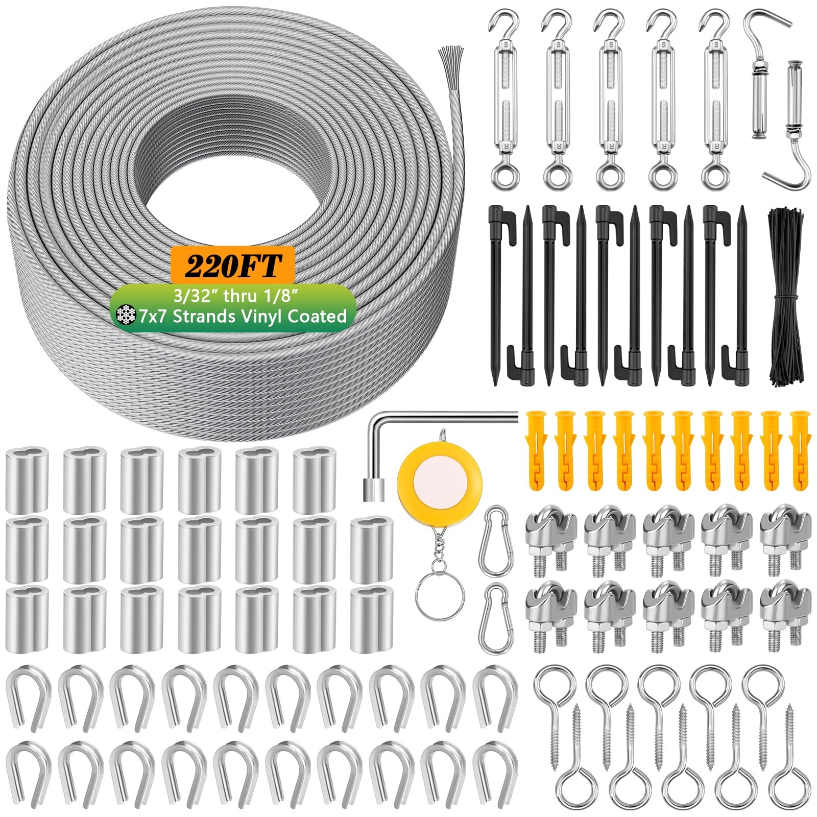 220 FT 1/8″ Wire Rope Kit, 304 Stainless Steel Cable with 1/8″-220FT, Silver