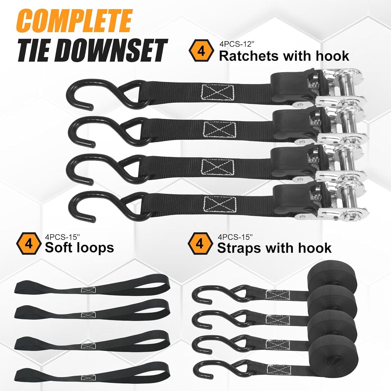 Rhino USA Retractable Ratchet Straps (4-Pack) – 1 Inch x 15 Feet (1,650lb Break