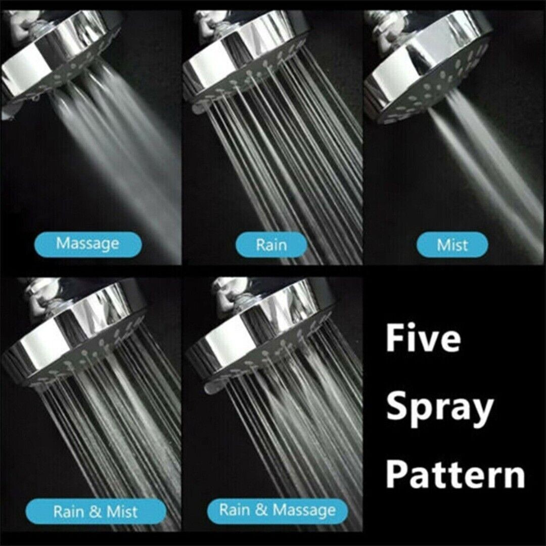 NEW Bath High Pressure Shower Head 5 Mode LARGE Chrome Handset Head Water Saving