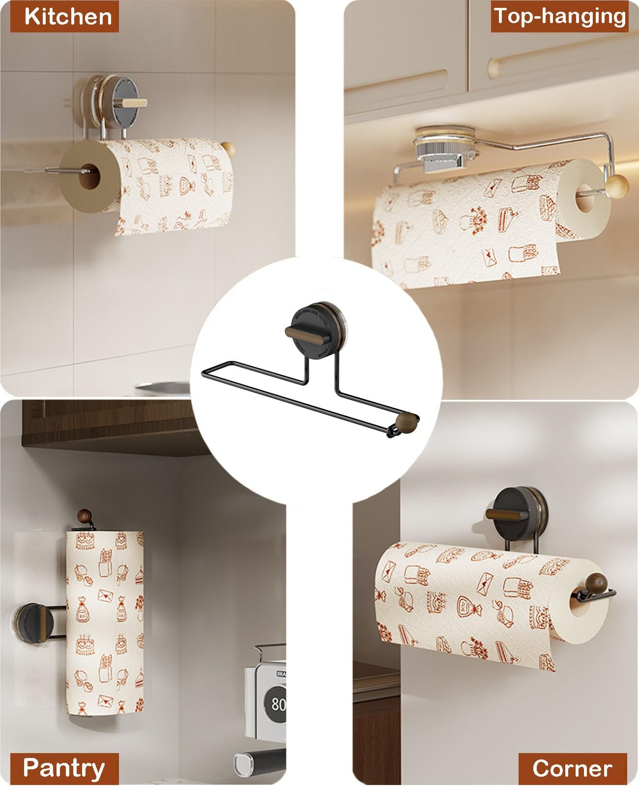 Removable Suction Cup Paper Towel Holder Under Cabinet,Stainless Steel & Wood…