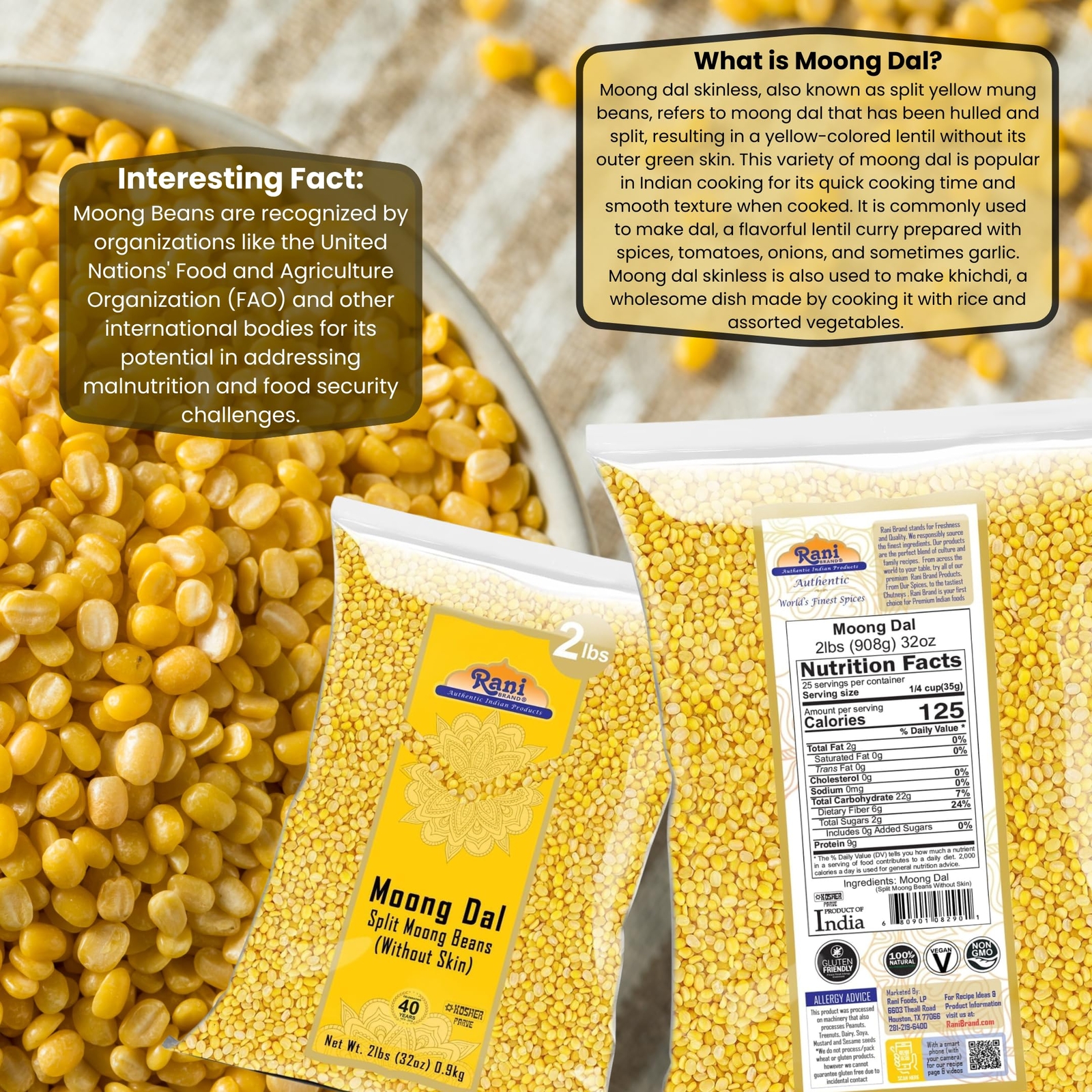 Rani Moong Dal (Split Mung Beans without skin) Indian Lentils, 32oz (2lbs) 907g