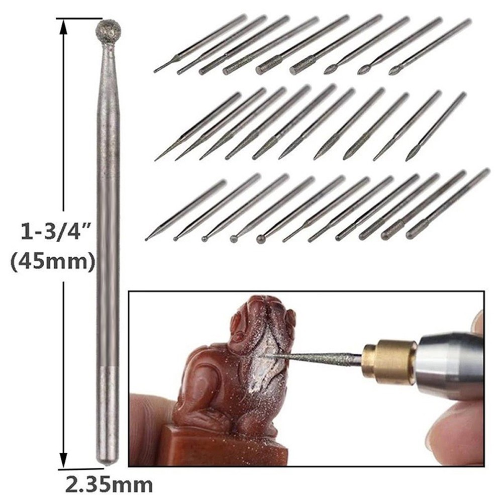 30 Pcs 2.35mm Shank Diamond Burs Set With Box For Electric Grinder Power Tool