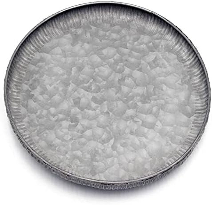 Galvanized Metal Tray Round Decorative Corrugated Edge Small 9.8in Vintage