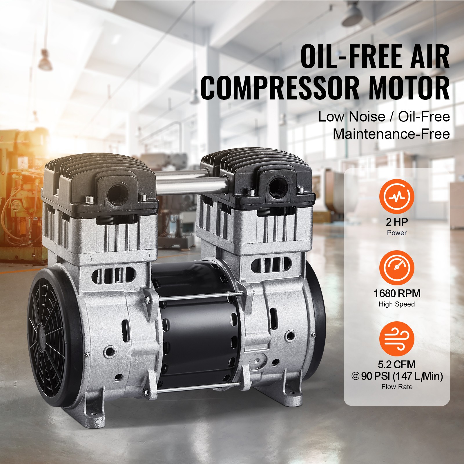 VEVOR Air Compressor Motor 2HP 5.2CFM @ 90PSI Oil Free with Max. 145PSI Pressure