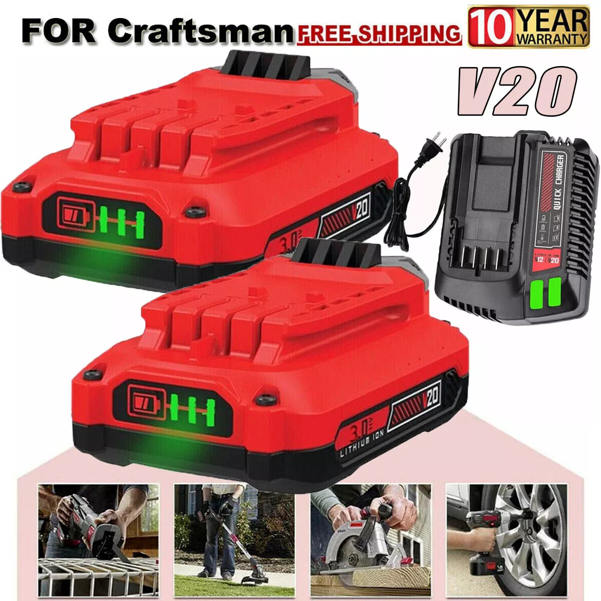 3.0AH 20V MAX For Craftsman V20 Lithium Battery /Charger CMCB204 CMCB202 CMCB201