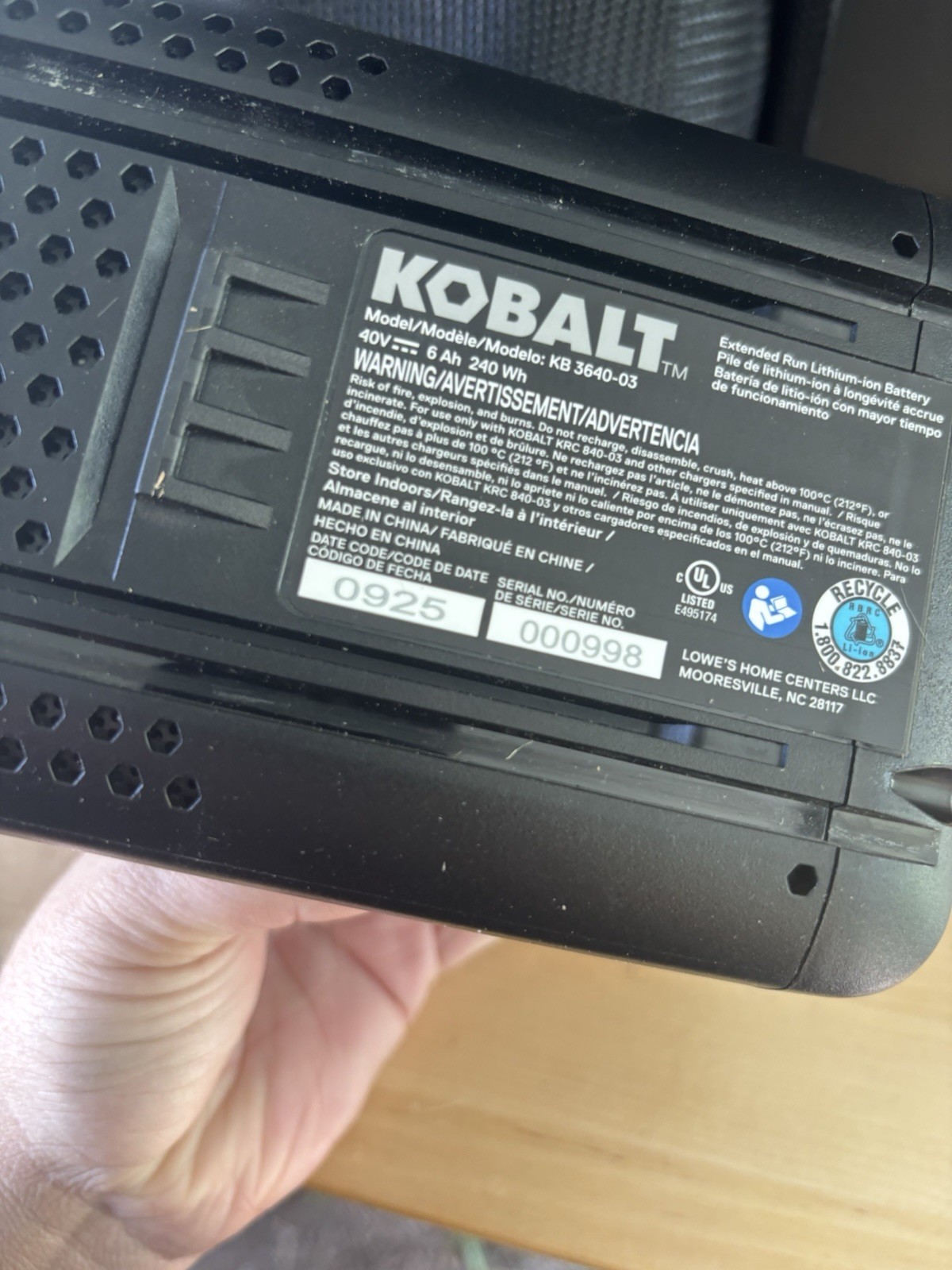 Genuine Kobalt 40V Max 6Ah Lithium Ion Battery KB 3640-03 09/25 Build Date