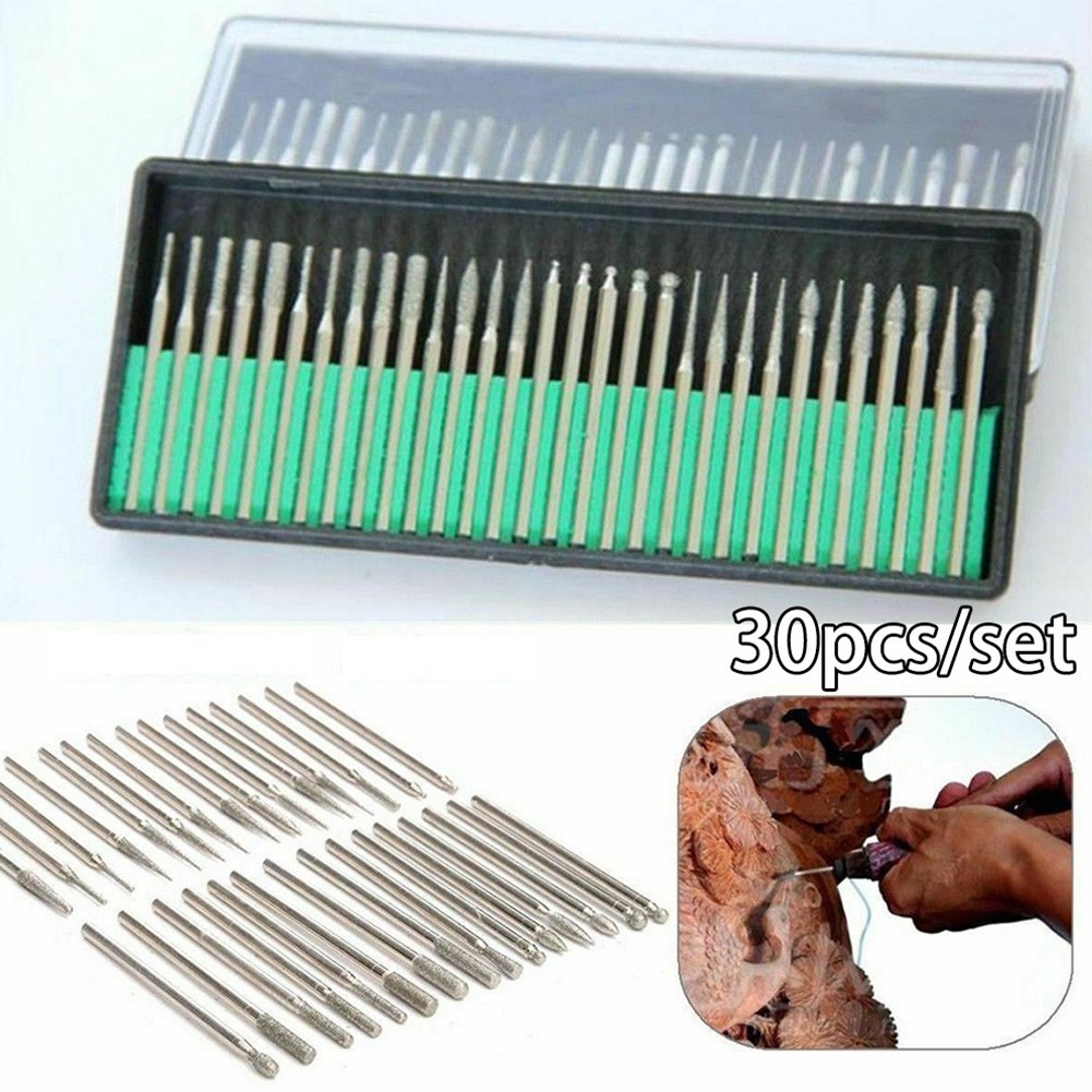 30 Pcs / Set 2.35mm Shank Diamond Burs W/ Box For Electric Grinder Power Tools