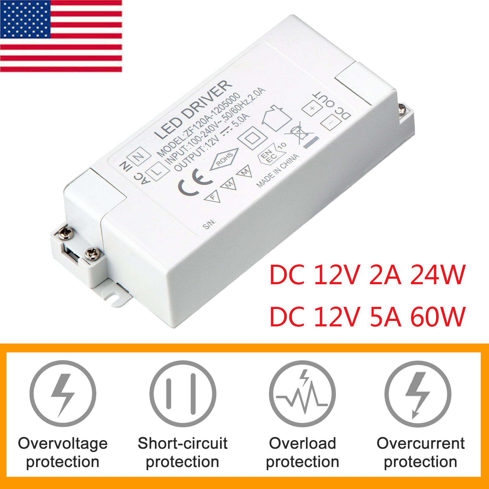 AC 110V to DC 12V 24W/60W Transformer Power Supply LED Driver Adapter Universal