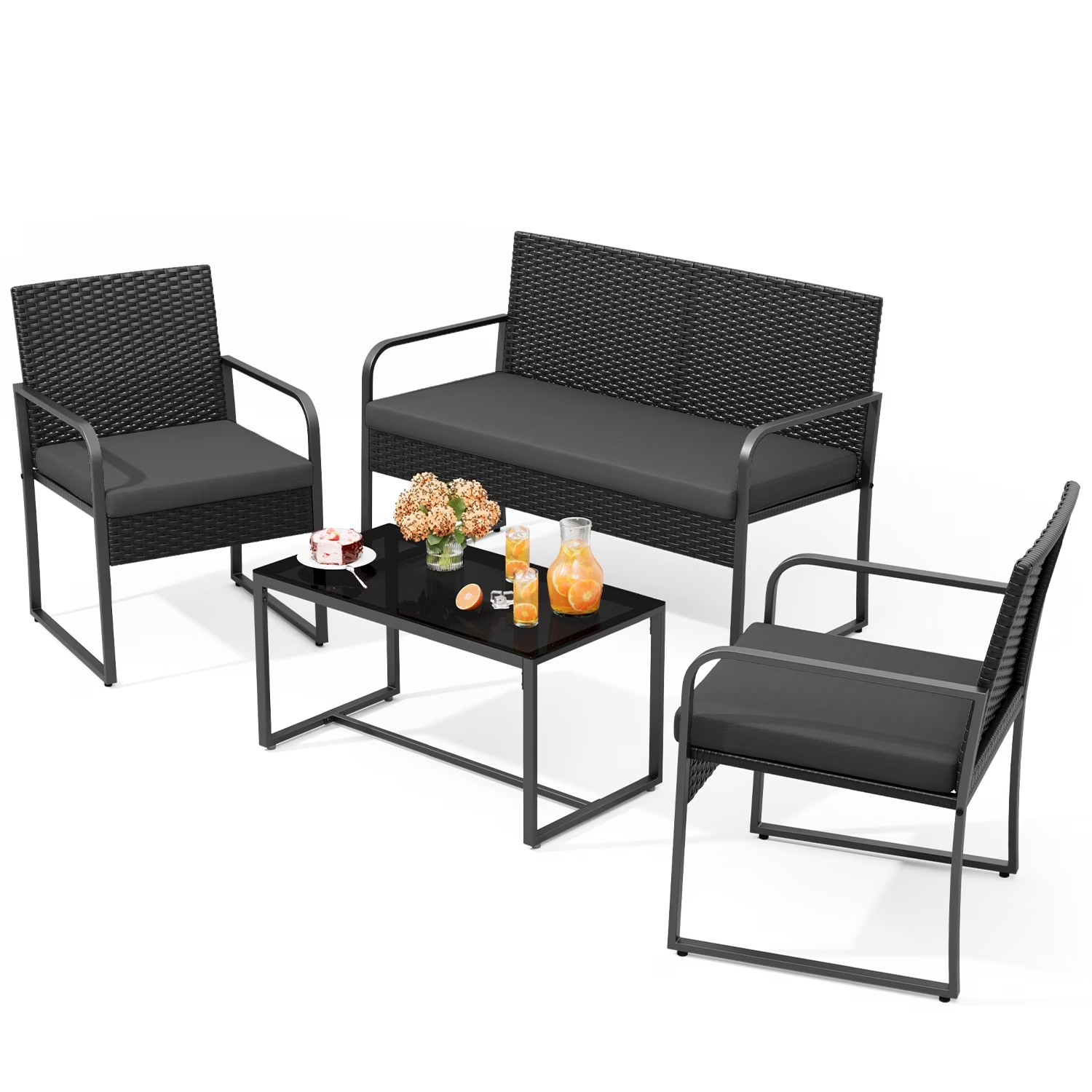 Patio Furniture Set, Outdoor All-Weather Conversation Set for 4 with Wicker Chai