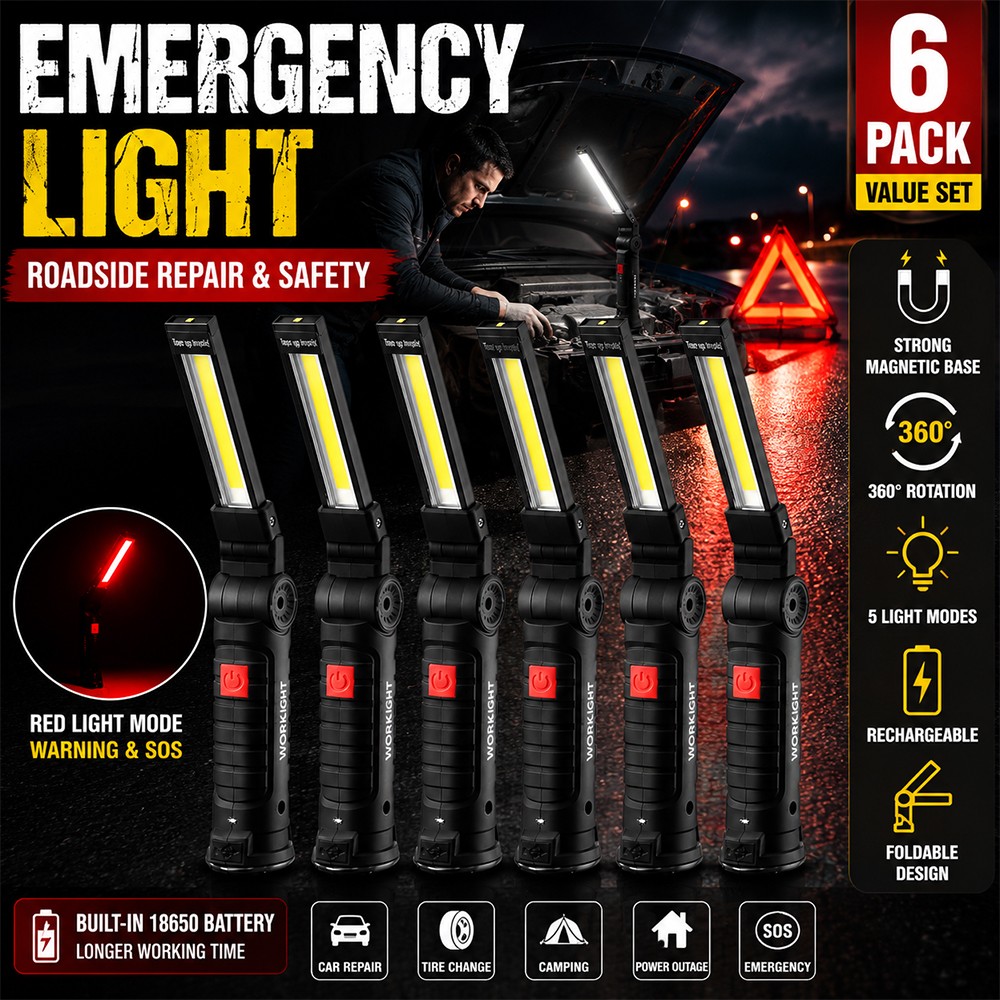 6Pack Rechargeable COB LED Work Light Magnetic Flashlight 360° Rotating Foldable
