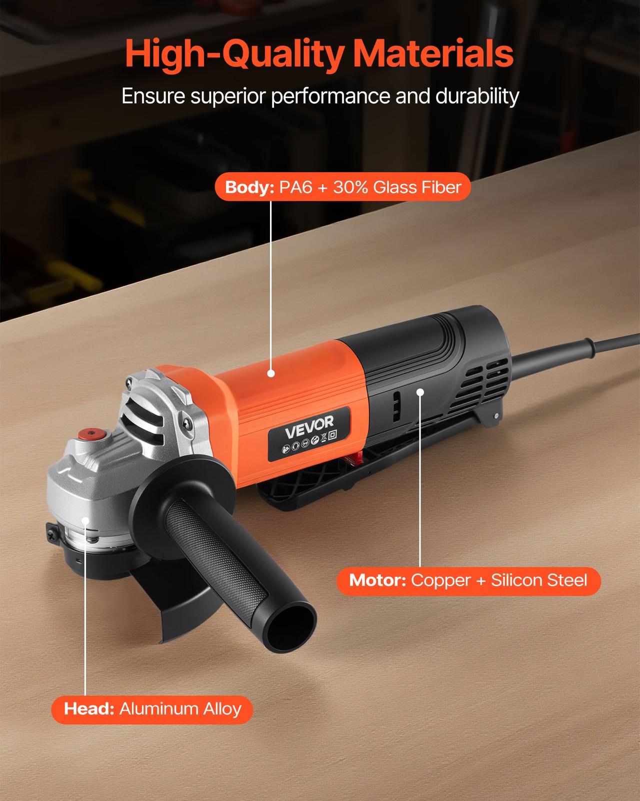 VEVOR Angle Grinder 4-1/2″ 8A Electric Grinder Power Tool 12000RPM High-Speed
