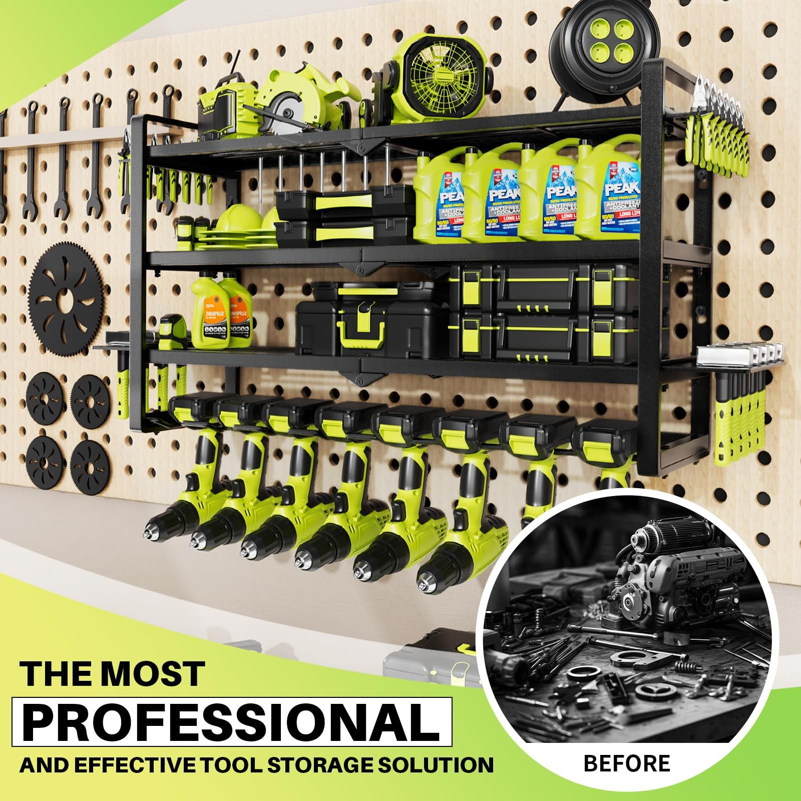 Large Power Tool Organizer Wall Mount, 8 Slots 4-4, With Charing Station