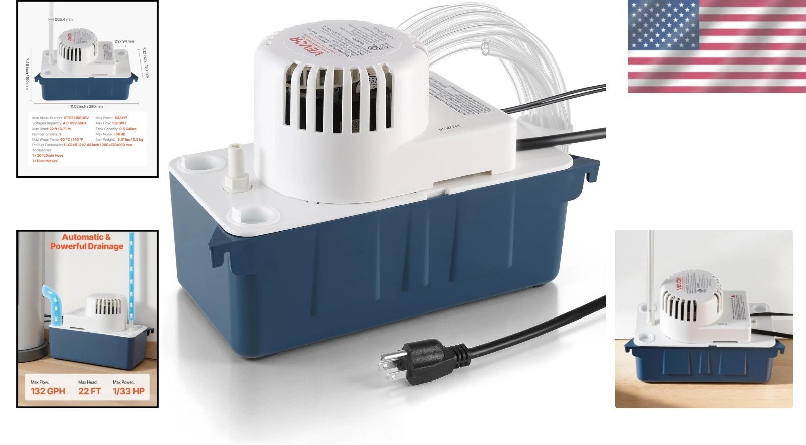 Efficient 1/33 HP Condensate Removal Pump – 100 GPH Flow & Quiet 30 dB Operation
