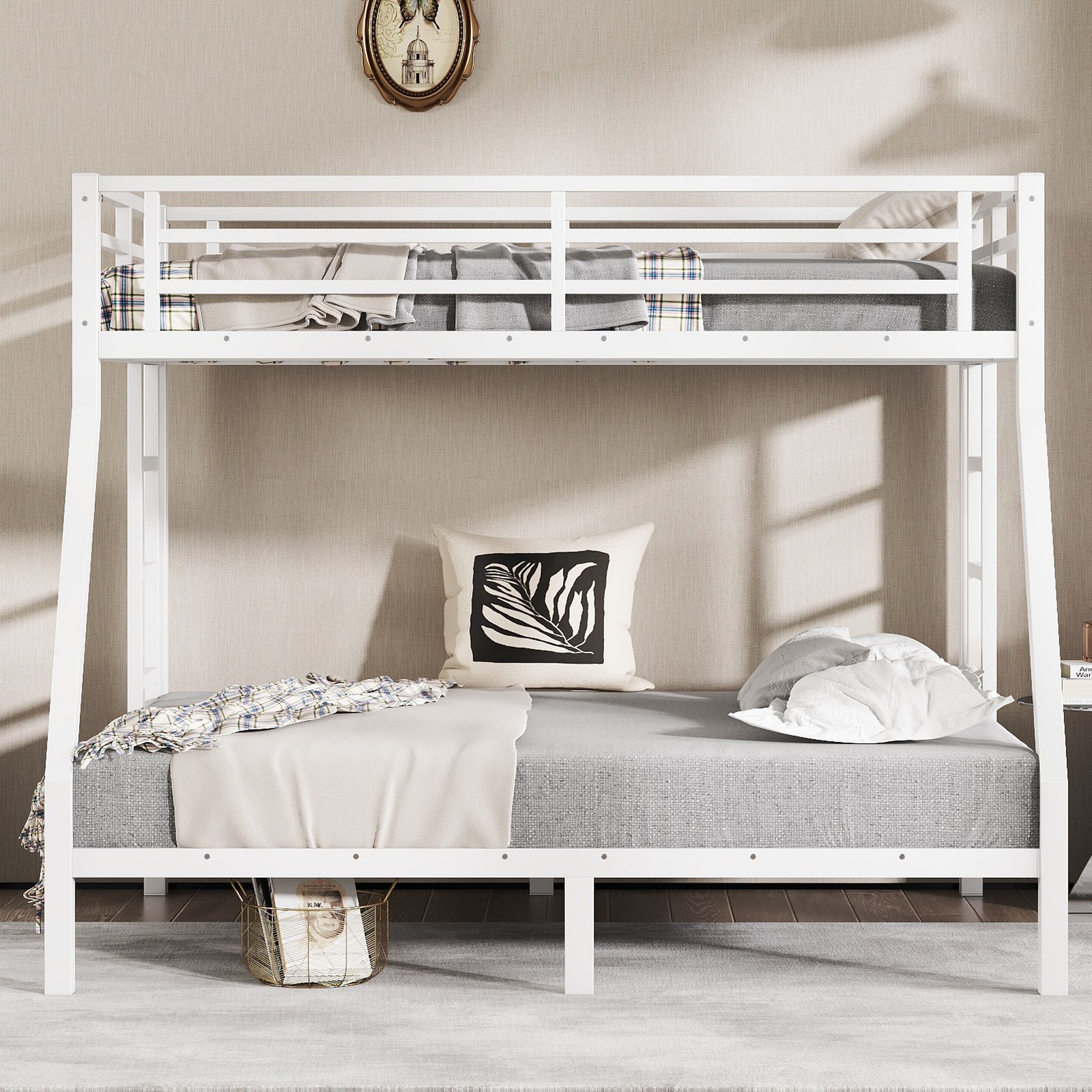 Metal Twin over Full Bunk Bed White Bed Frame for Teens and Adults Bedroom