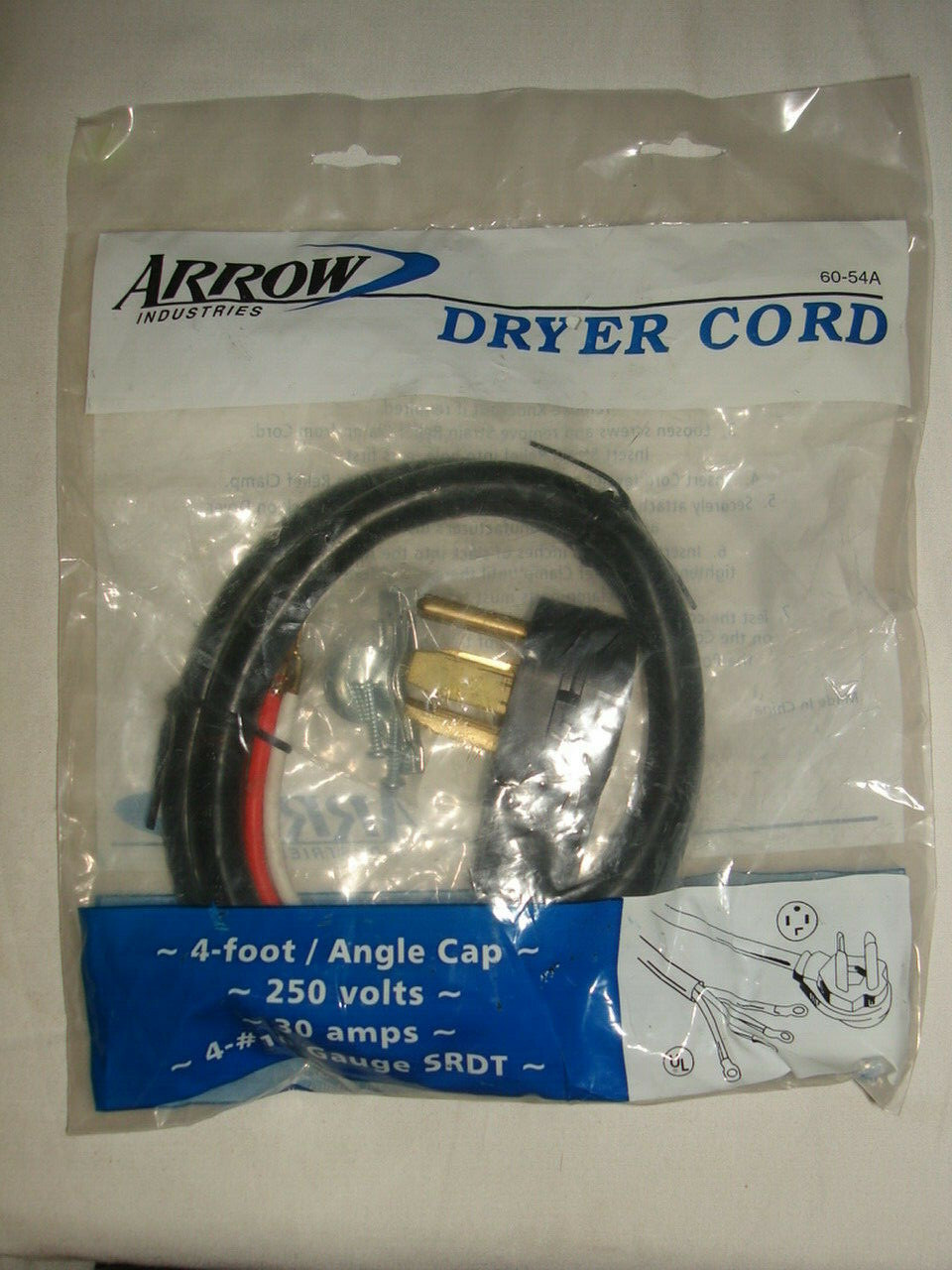 New Arrow Electric Dryer Cord 4 prong 4′ ft. 30 Amp 250 Volts Angle Cap 4-#10’s
