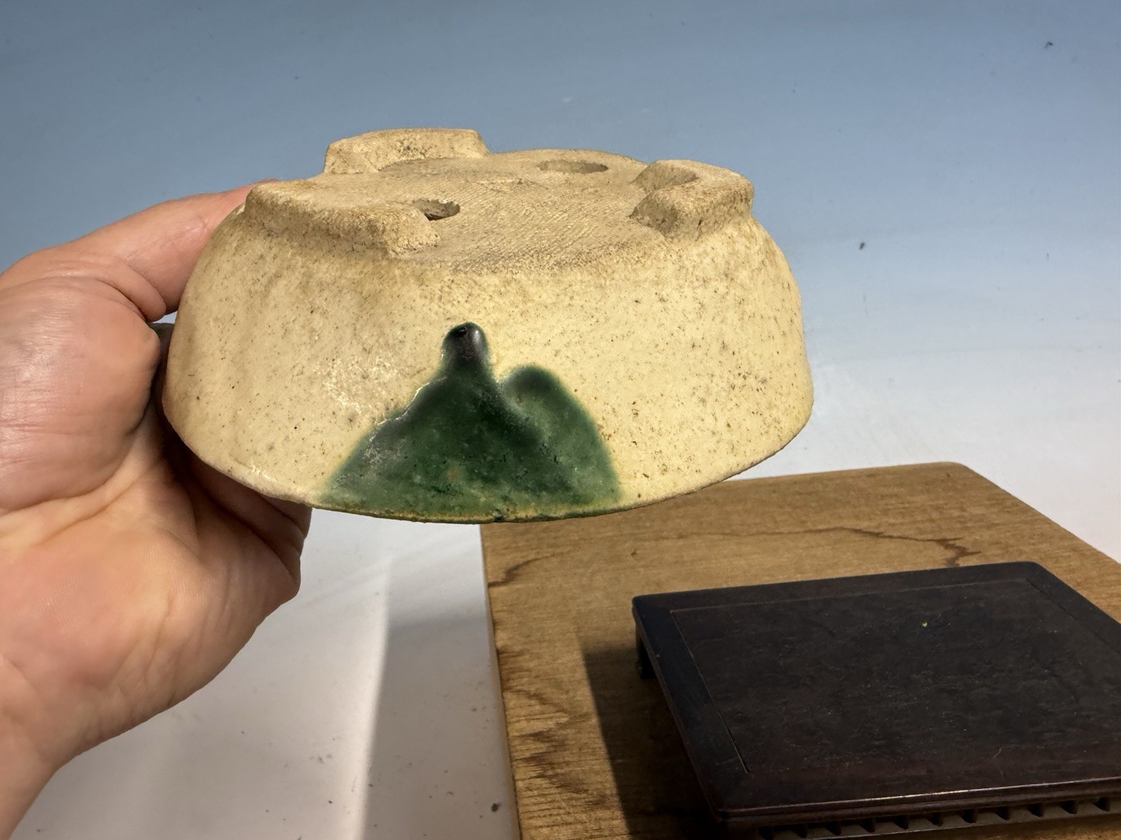 Japanese Unknown Maker Shohin Bonsai Tree Pot 6 1/4 By 1 7/8” Cream And Green