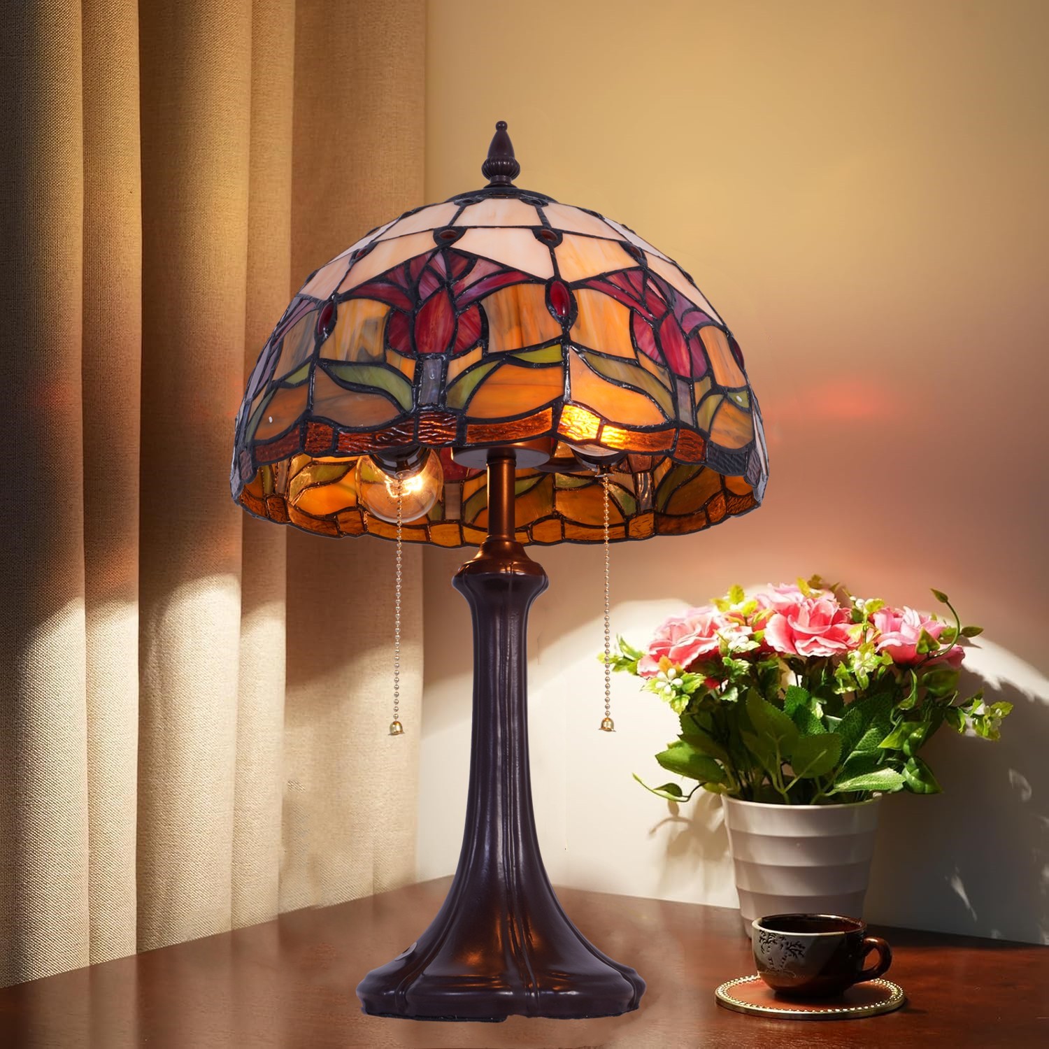 Tulip Pattern Table Lamp Tiffany 2-Lights Desk Light Home Office Study Light