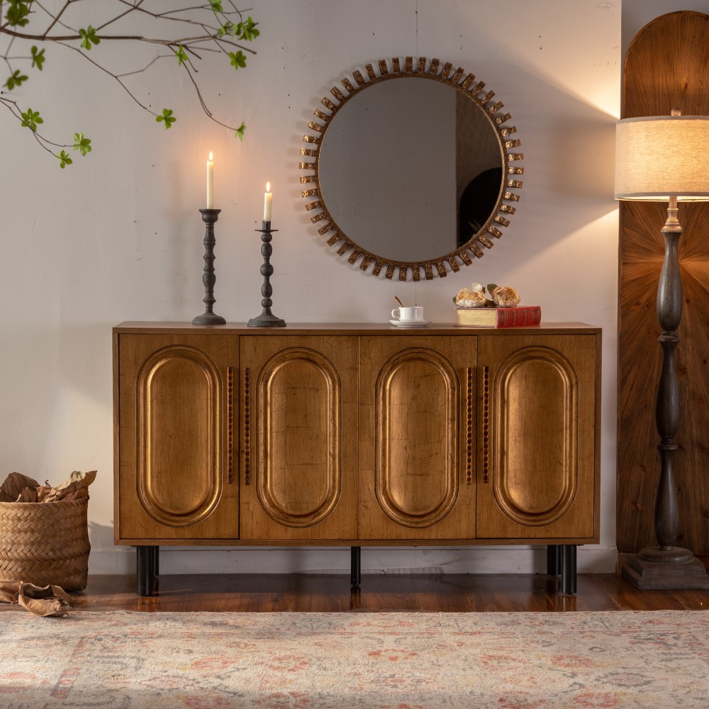 4 Door Sideboard Buffet Cabinet Solid Wood Arched Door Storage Console Table