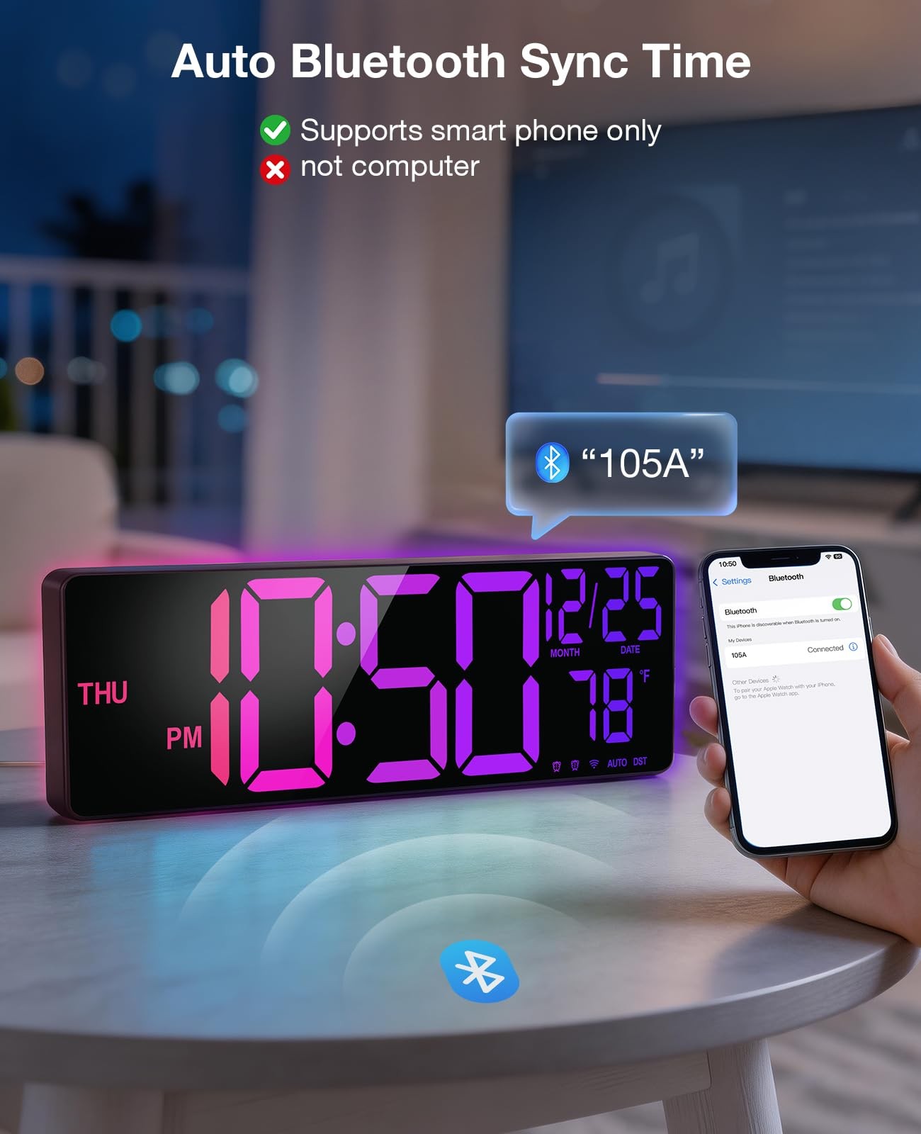 16” Large Digital LED Wall Clock with Remote Control Dual Alarm 8 RGB Bluetooth