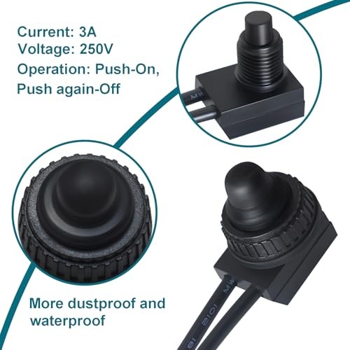PCS Waterproof Switch 12v, ON/Off SPST Waterproof Push Button Switch 5 Black