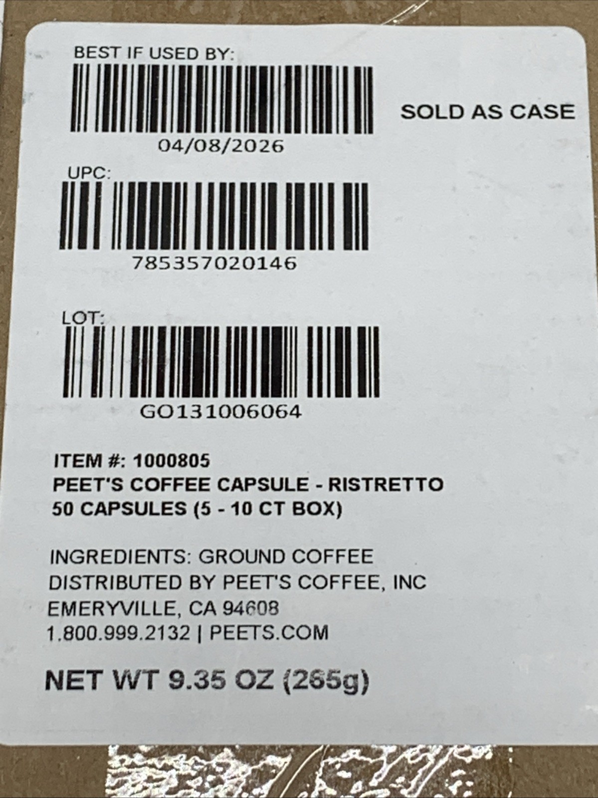 Peet’s Coffee Dark Roast Espresso 50 Capsules Ristretto 100% Arabica BB 4/8/26