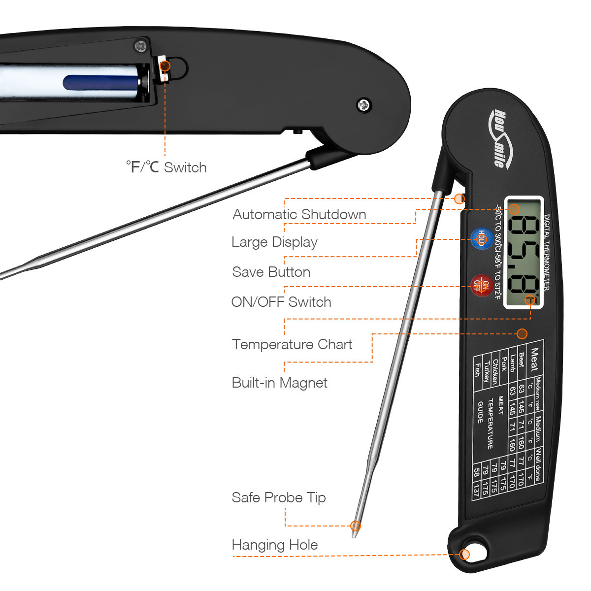 Instant Read Digital Meat Thermometer BBQ Grill Smoker For Kitchen Food Cooking