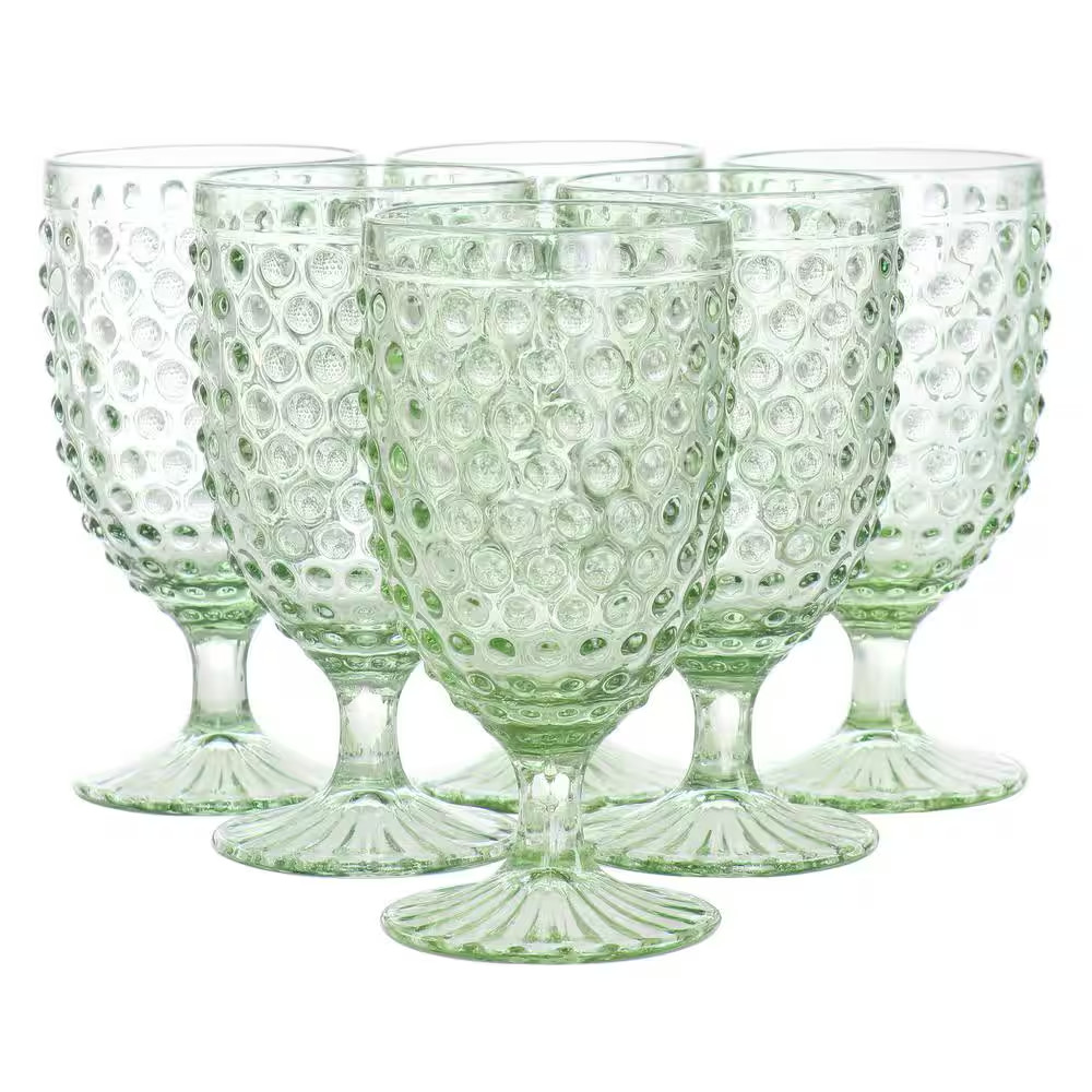 6 Piece 14.2 Oz. Clear Glass Hobnail Goblet Drinkware Set in Green