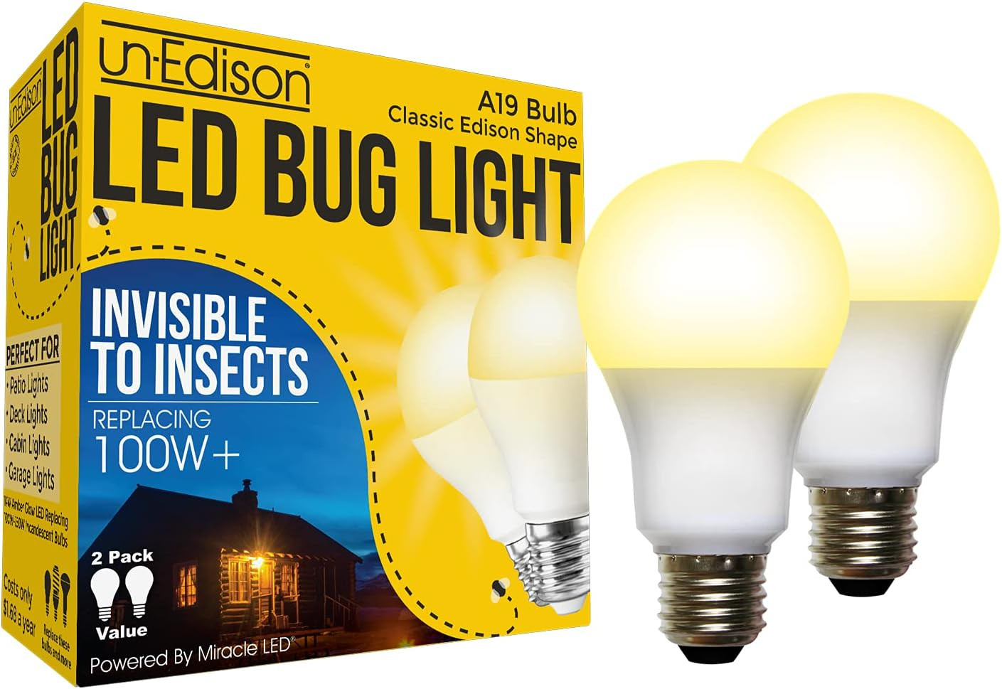 Un-Edison A19 LED Bug Light – Replaces 100W – Yellow Spectrum E26 Medium