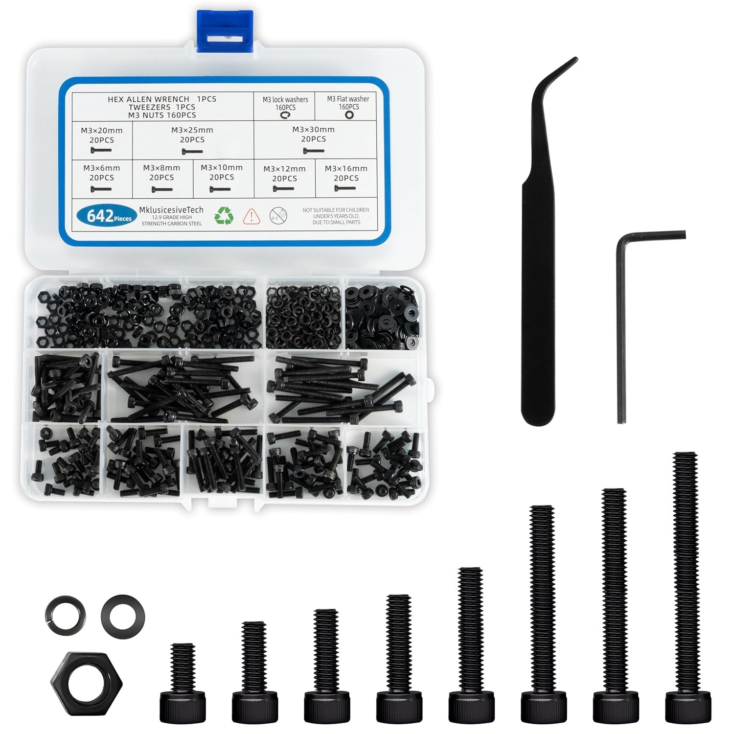 M2/3/5/6/8 Hex Button/Socket Cap Head Screws,Bolts,Nuts Assortment Kit(4-35mm)
