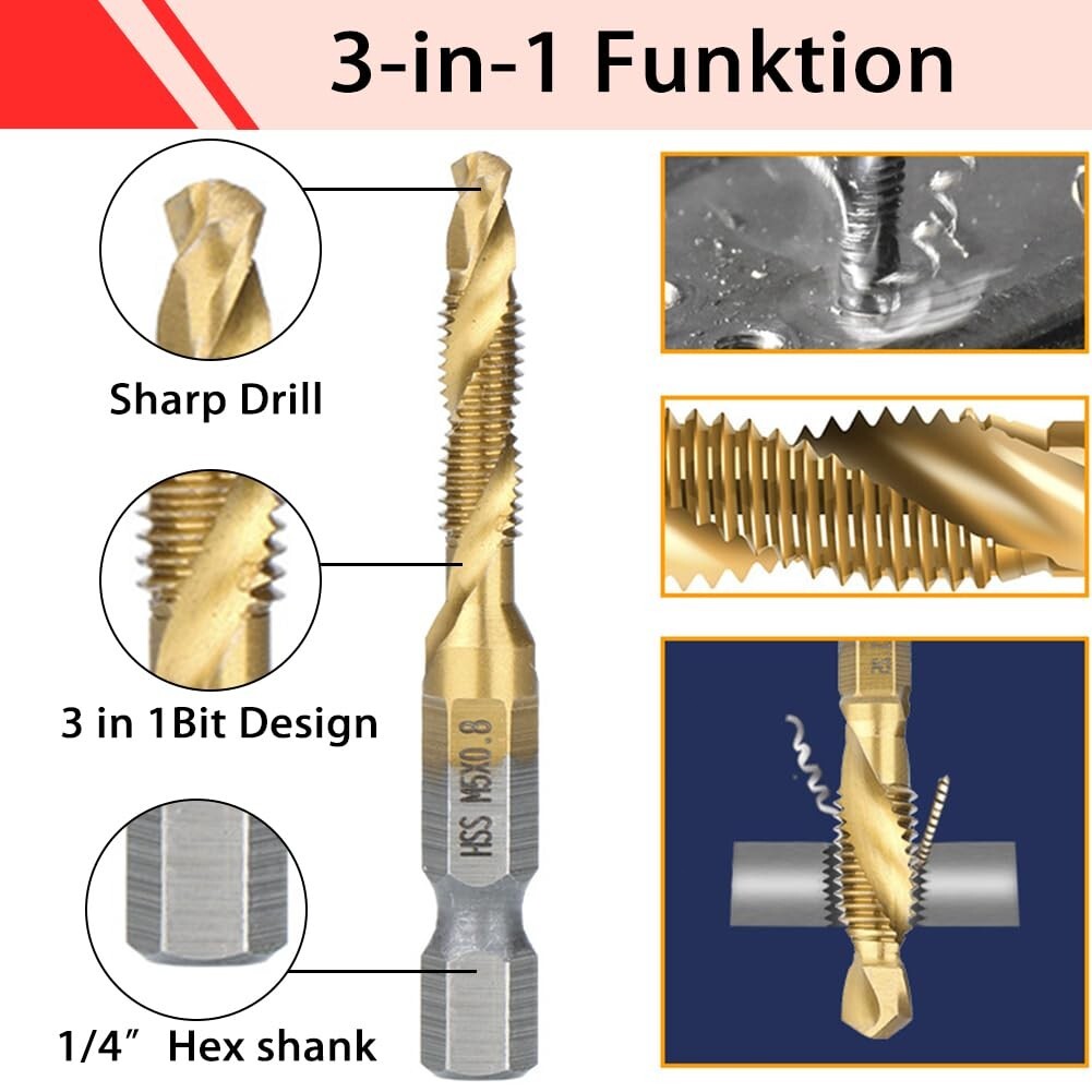 Titanium Combination Drill Tap Bit Set 13PCS for SAE and Metric Tap Bits Kit