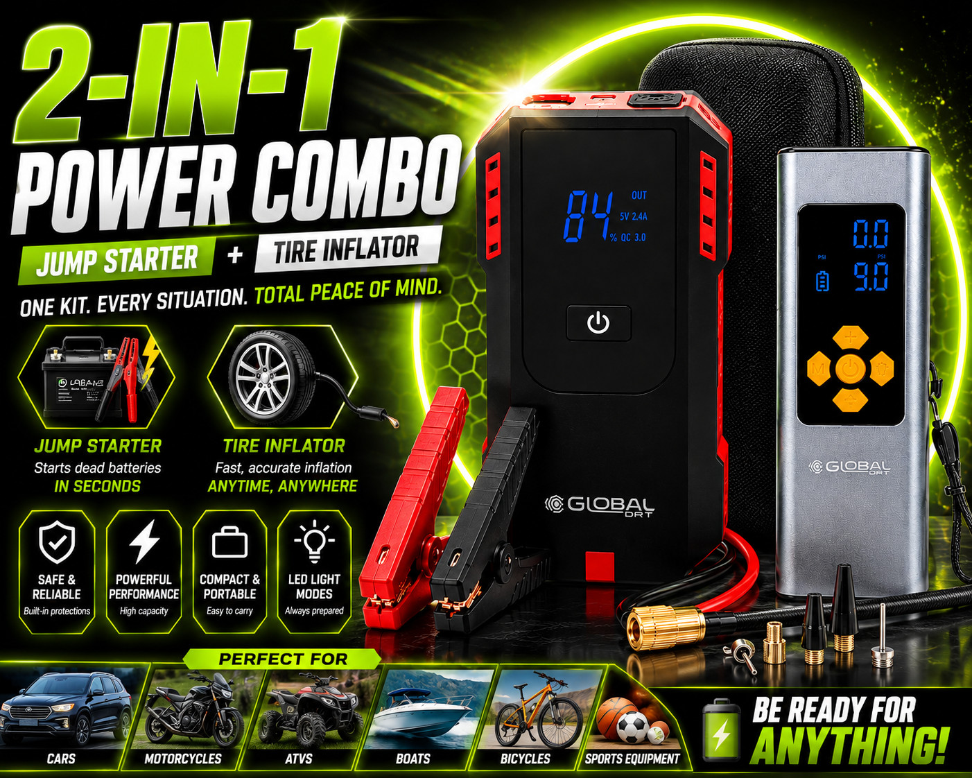 Global DRT Tire Inflator + Jump Starter Combo – Portable Air Pump & Car Battery