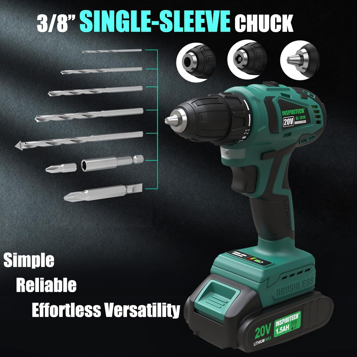 20V Cordless Brushless Power Drill Set with 2 Batteries and Charger, Tool Bag