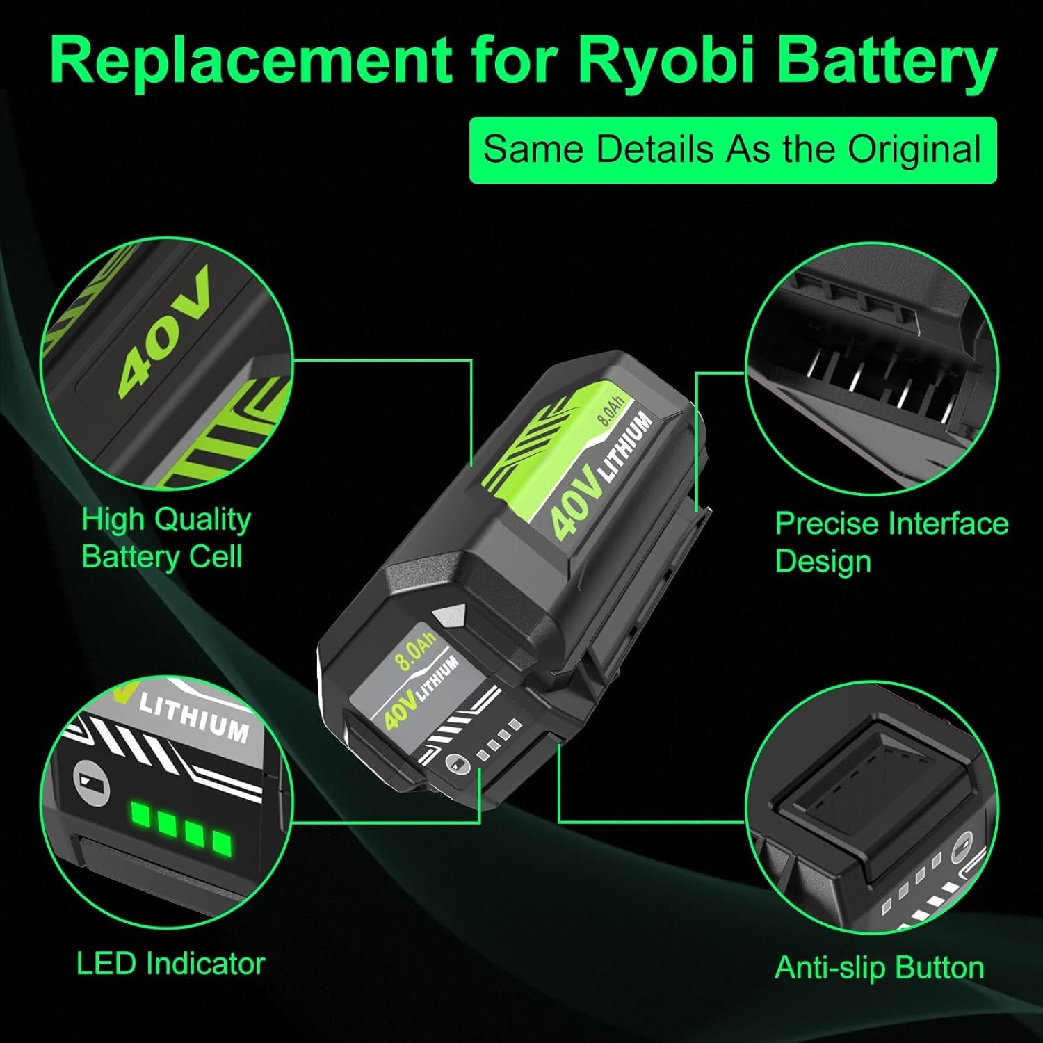 8.0Ah Battery 40 Volt for Ryobi 40V Lithium OP40602 Battery with LED / Charger