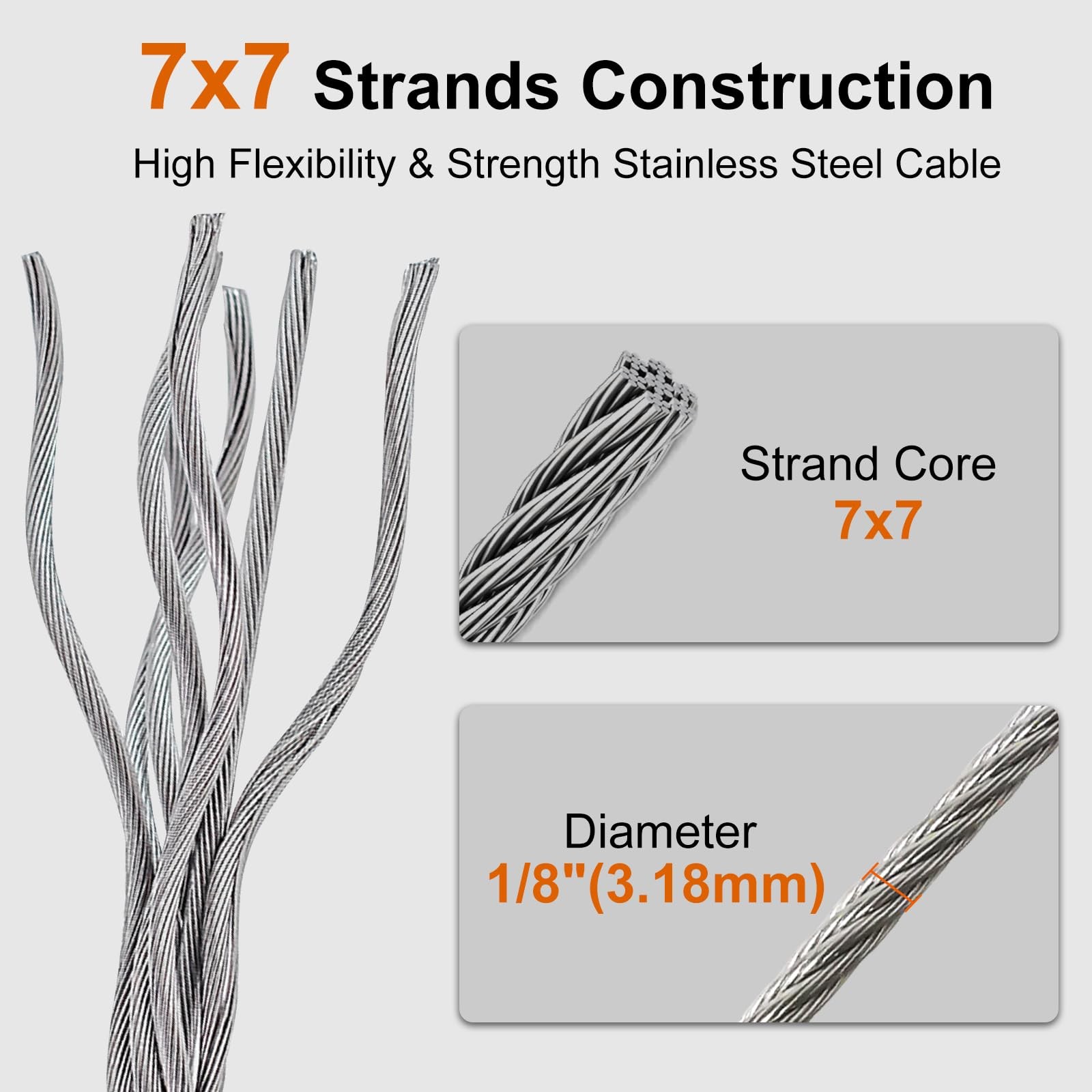 Silver 1/8 Inch Wire Rope Metal Cable 100 Ft