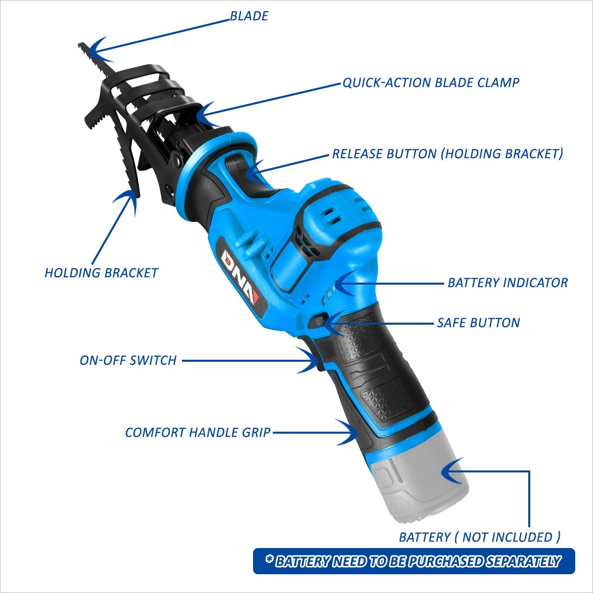 DNA Motoring 12V Cordless Reciprocating Saw w/Blade and Holding Bracket Kit Blue