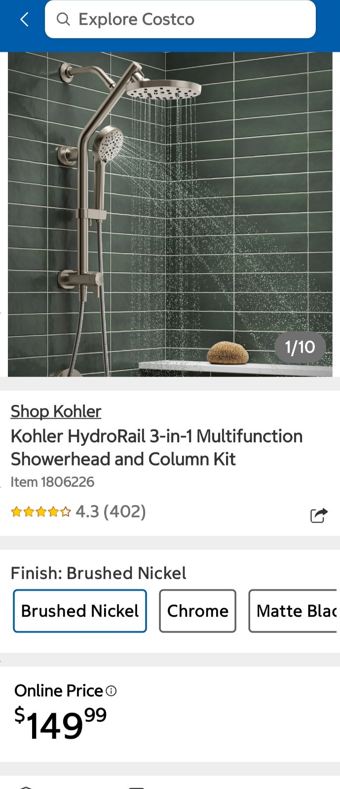 Kohler HydroRail 3-in-1 Multifunction Shower Column Kit in a Brushed Nickel