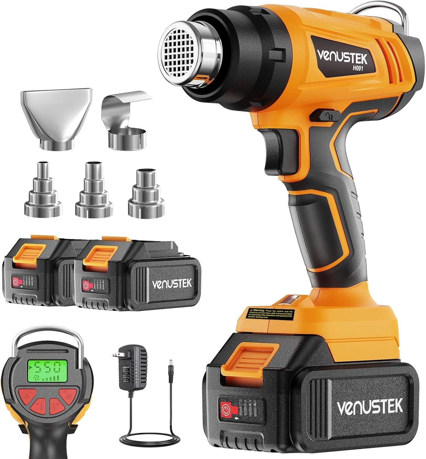 Cordless Heat Gun, 21V Hot Air Gun w/ 2x 4.0Ah Rechargeable Battery, 4 Nozzles