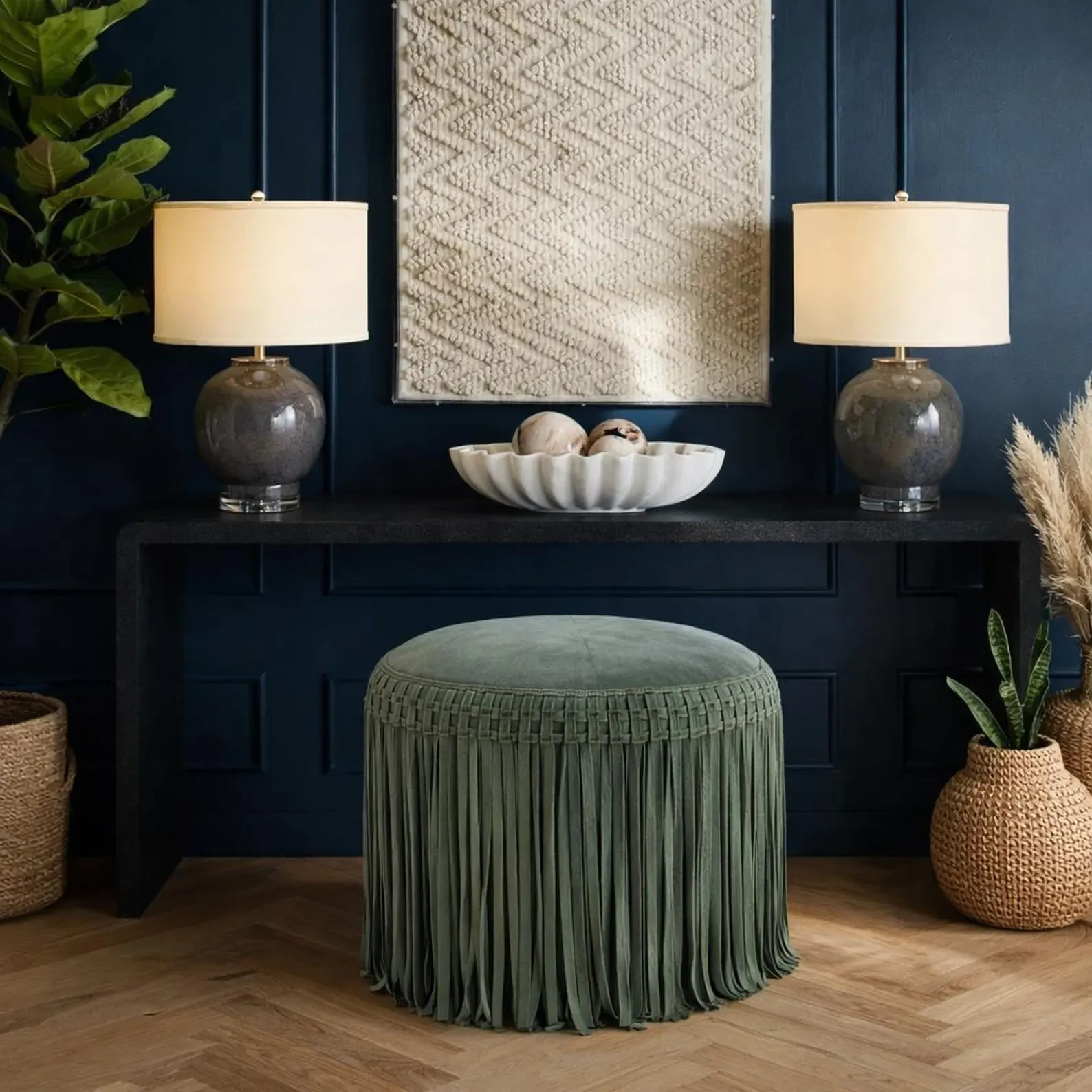 Premium Real Leather Suede Ottoman Pouf with Western Fringe Living Room Hall Roo