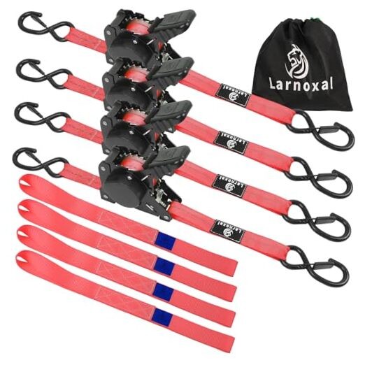Retractable Ratchet Straps 4 Pack – 1,500 Lbs Break Strength 1 in x 10 Ft Red