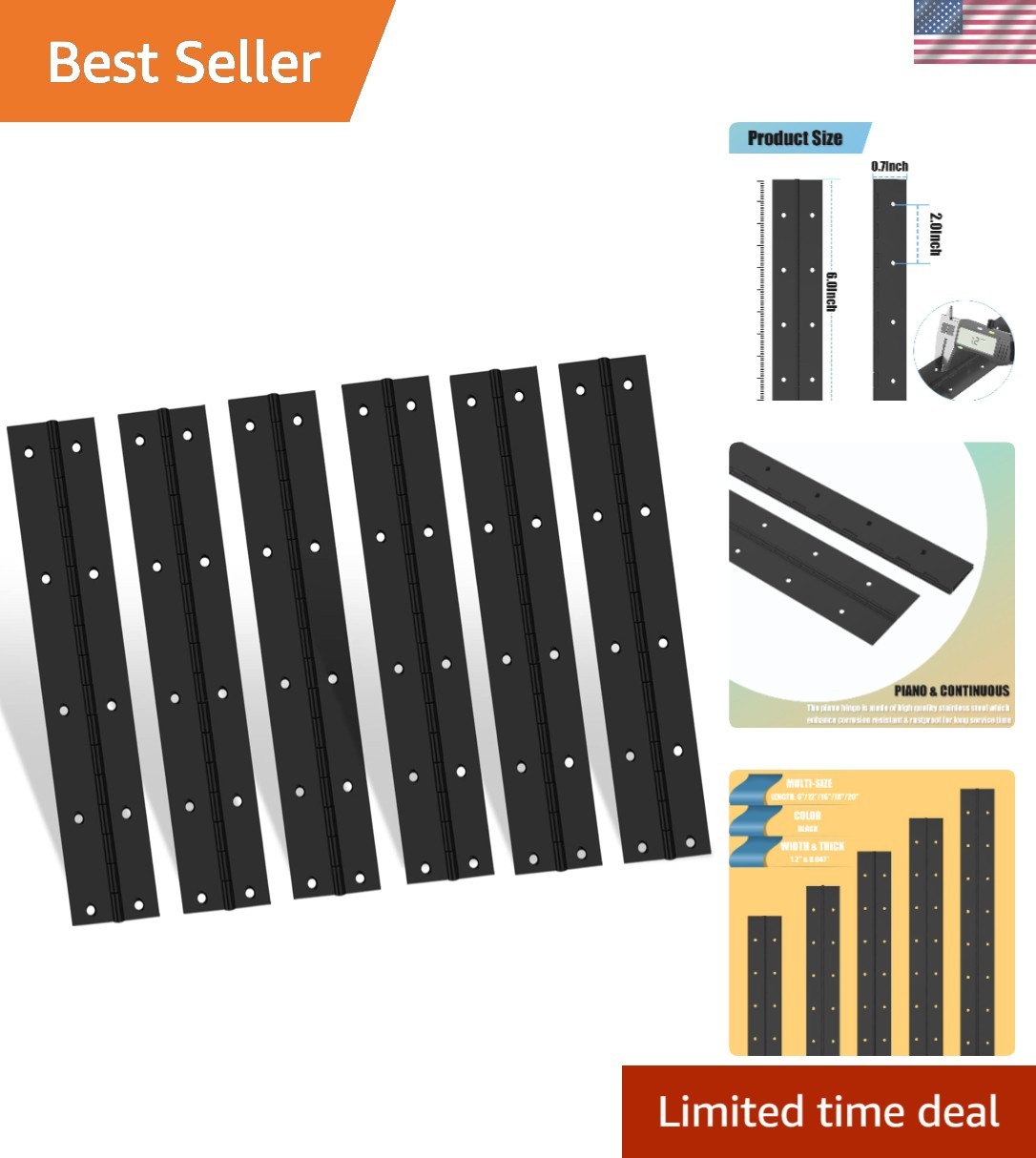 Durable 6-Inch Black Piano Hinge Set – 6PCS Stainless Steel 304 for Furniture