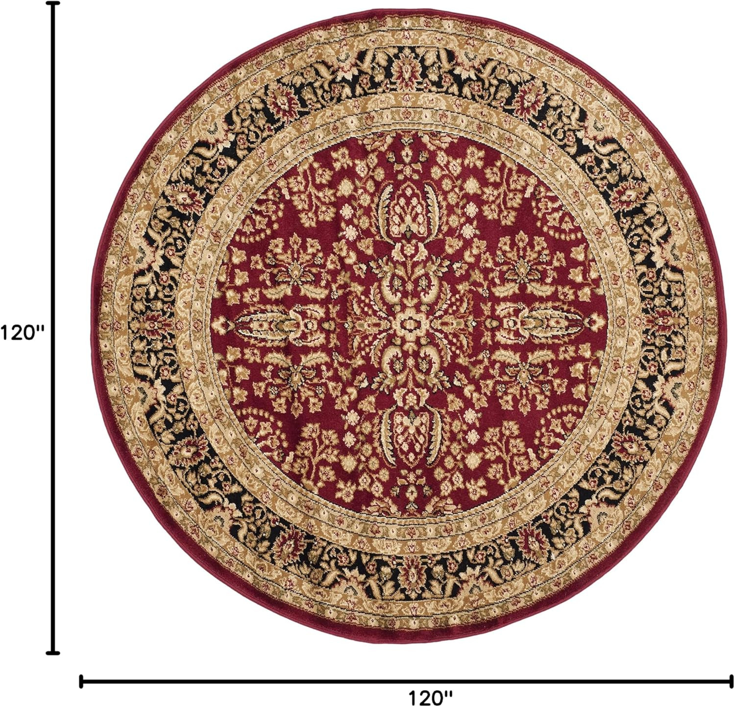 Lyndhurst 10′ Round Area Rug – Red & Black, Traditional, Easy Care, Non-Shedding