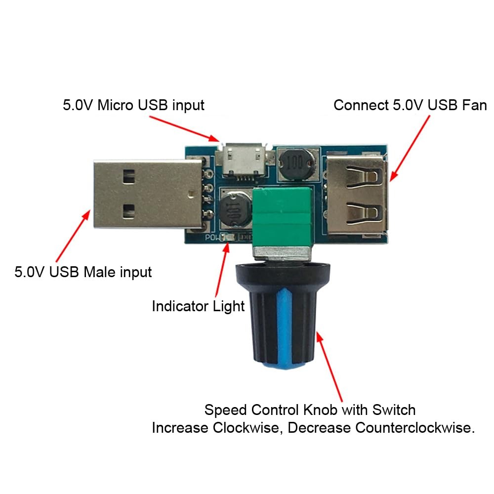ThtRht 2 Pack USB Fan Controller Stepless Speed Regulator Air 1.98, blue