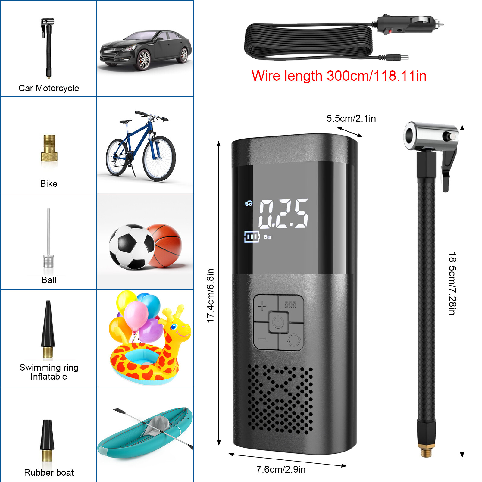 150 PSI Air Compressor Tire Inflator Fits Car Moto Bike Tires Air Pump Cordless