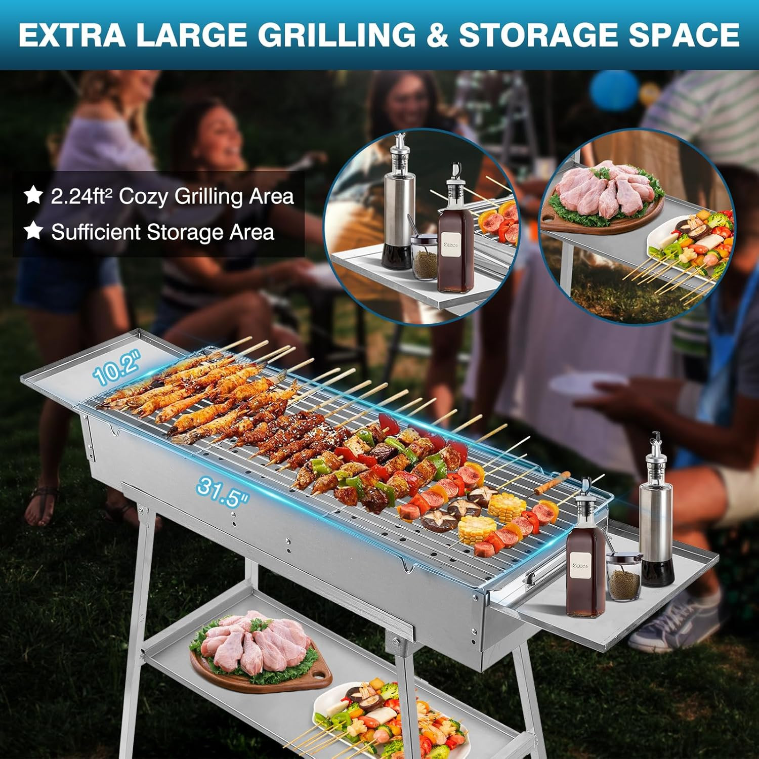 Portable Charcoal Grill Outdoor Cooking, 32”L X 10”W Folded Camping Barbecue Gri