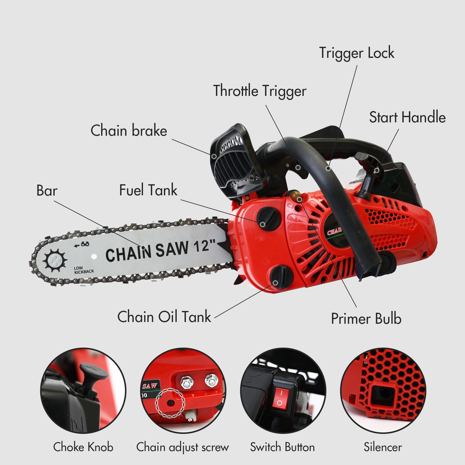 25.4CC 12″ Gasoline Chainsaw Powered 2-Stroke Engine Gas Chain Saw Wood Cutting