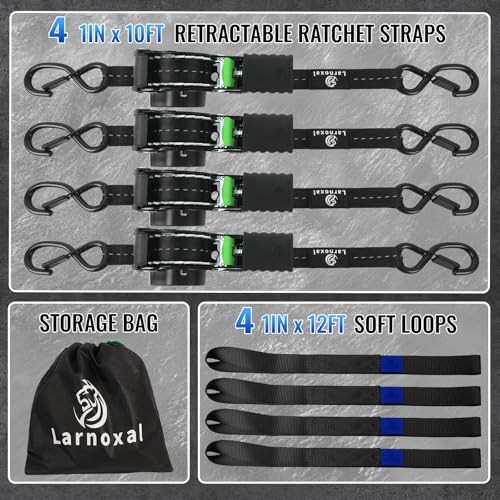 Retractable Ratchet Straps 4 Pack – 1,500 Lbs Break Strength 1 in x 10 Ft Black