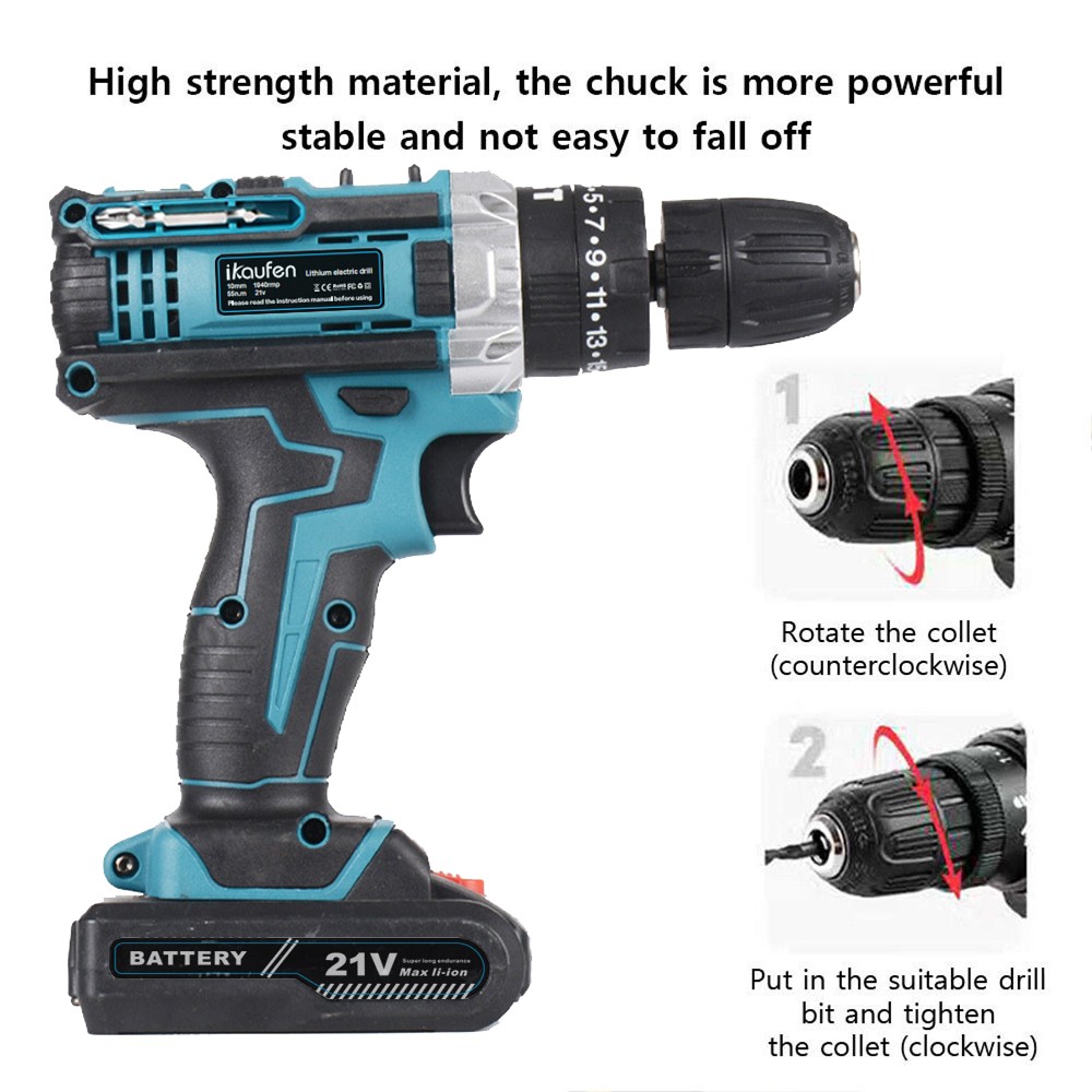 Blue Electric Drill Cordless Screwdriver Set Power Tool with 2 Battery&ChargerB2