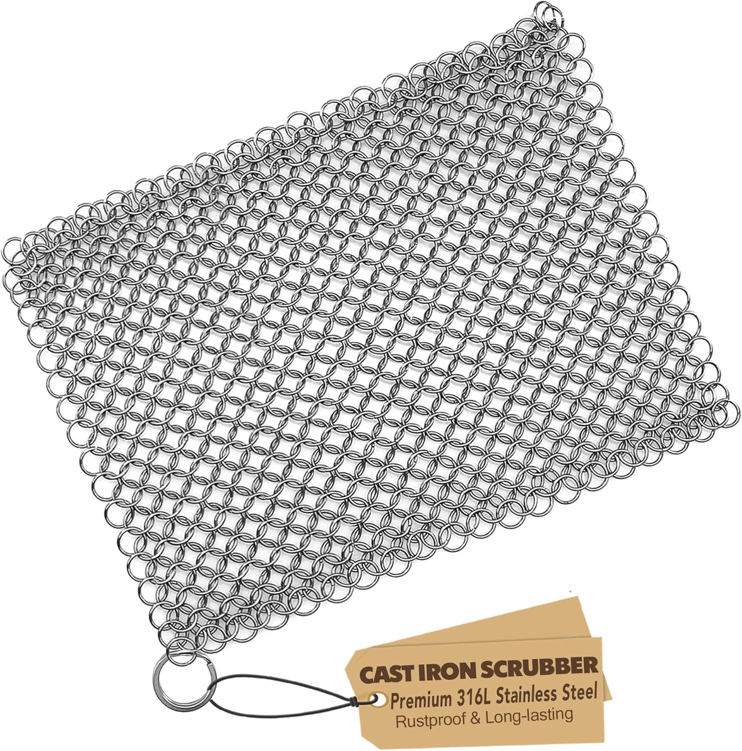 316L Stainless Steel Chainmail Scrubber 8×6 Cast Iron Pan Cleaner Rustproof