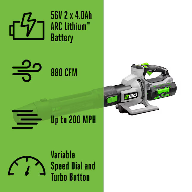 EGO POWER+ 56-volt 880-CFM 200-MPH Battery Handheld Leaf Blower 4 Ah Battery Inc